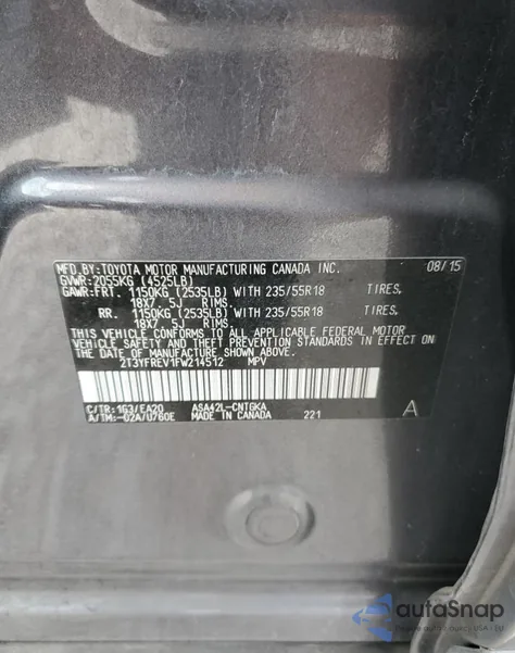 2015 Toyota Rav4 Limited from USA, damaged, VIN 2T3YFREV1FW214512